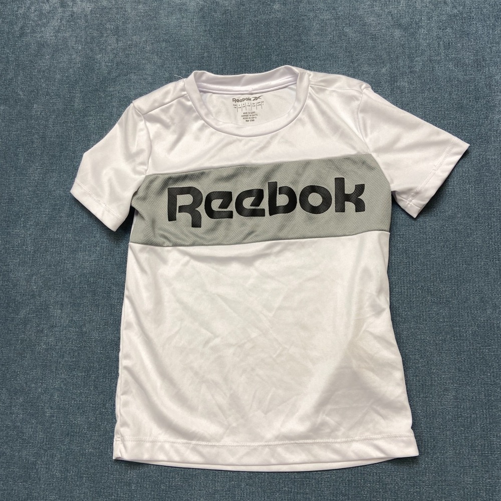 Reebok T-Shirt Boys 7 White Gray Logo Short Sleeve Performance Sports Pullover